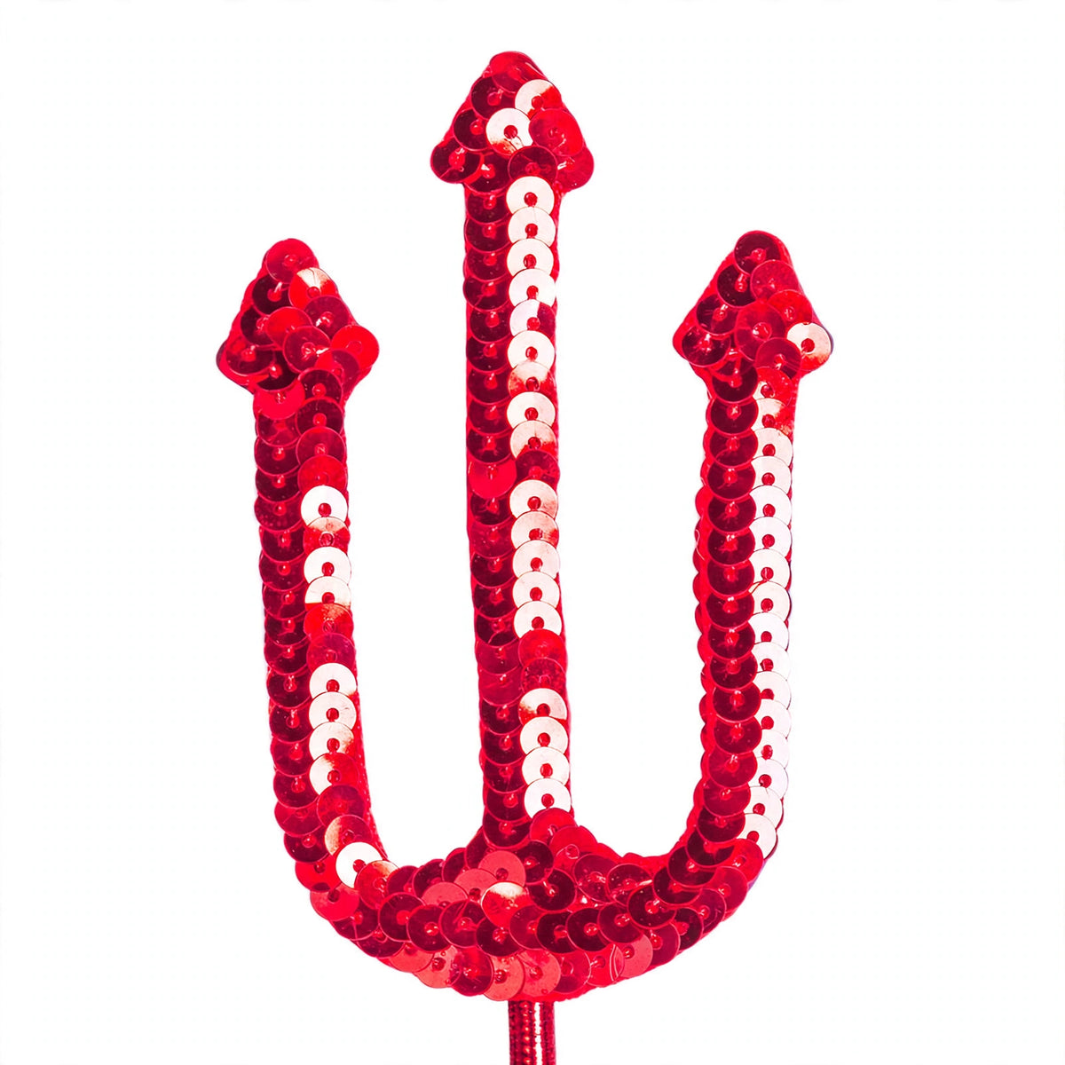 Close-up view of the red sequin detail on the Halloween devil handheld trident