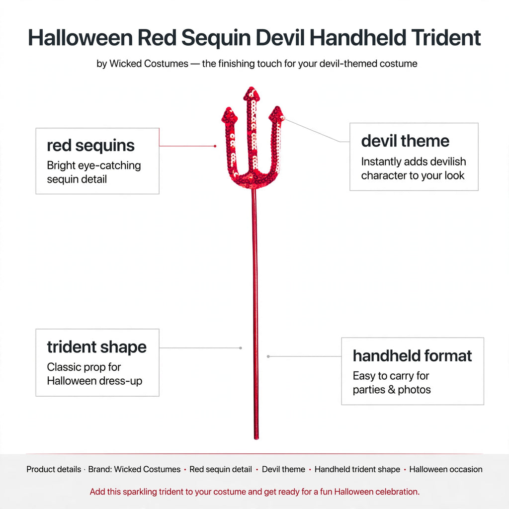 Infographic showing red sequins, devil theme, trident shape, and handheld format features