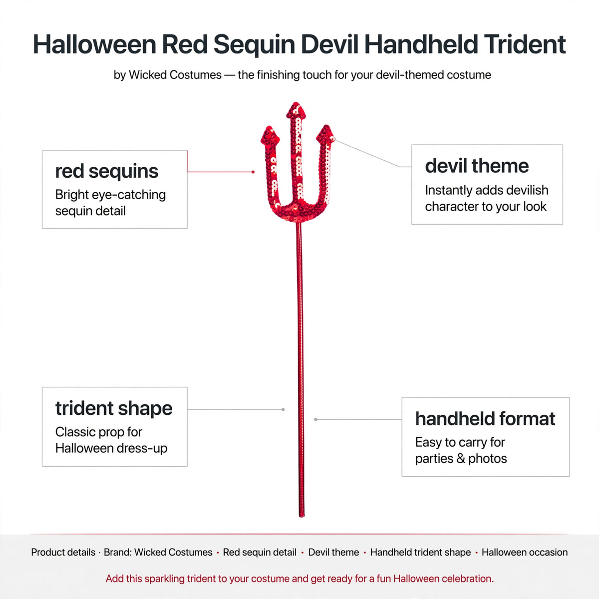 Infographic showing red sequins, devil theme, trident shape, and handheld format features