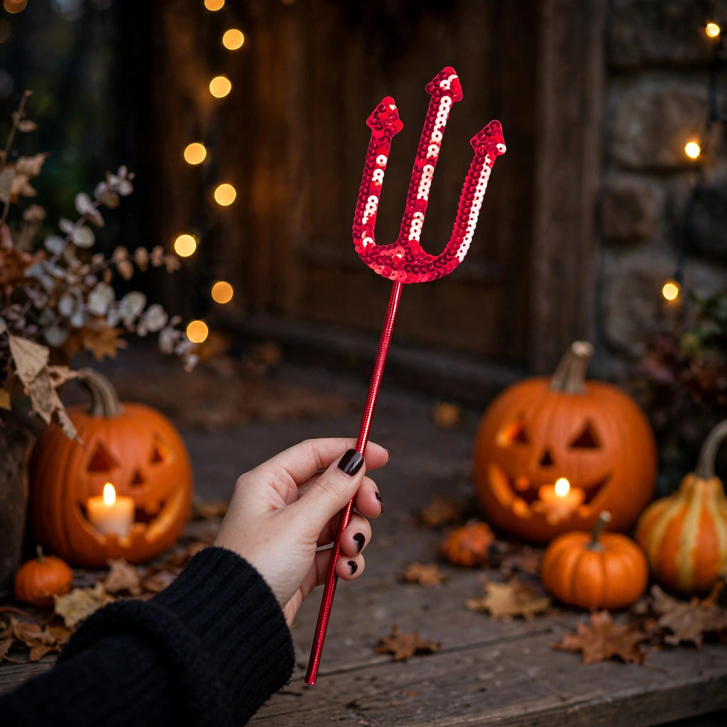 Person holding the red sequin devil handheld trident as part of a Halloween costume