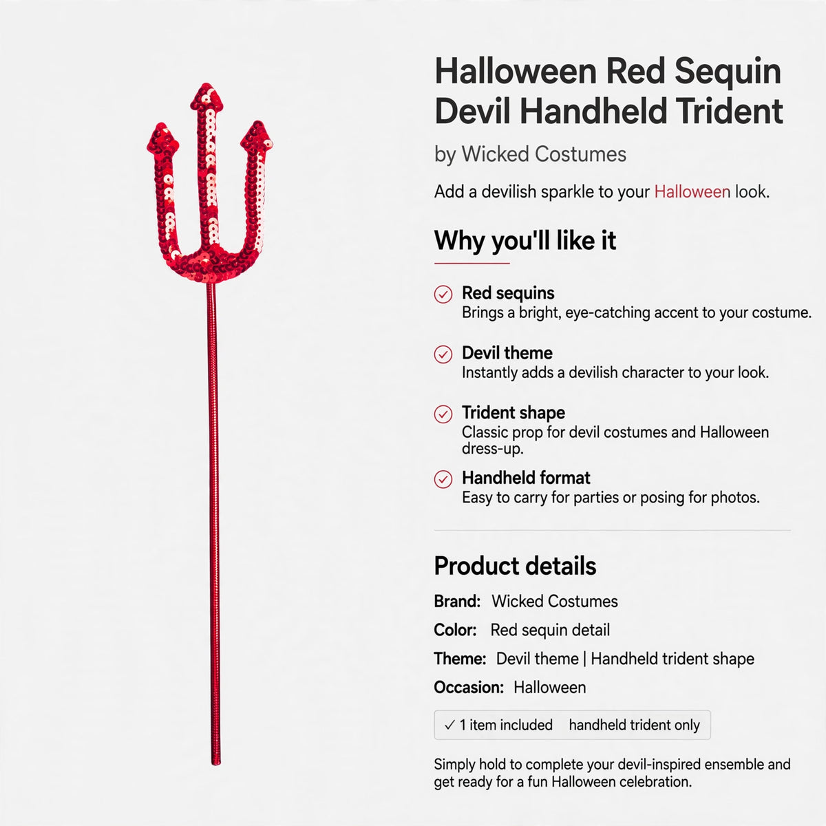 Red sequin handheld trident designed for Halloween devil costumes by Wicked Costumes
