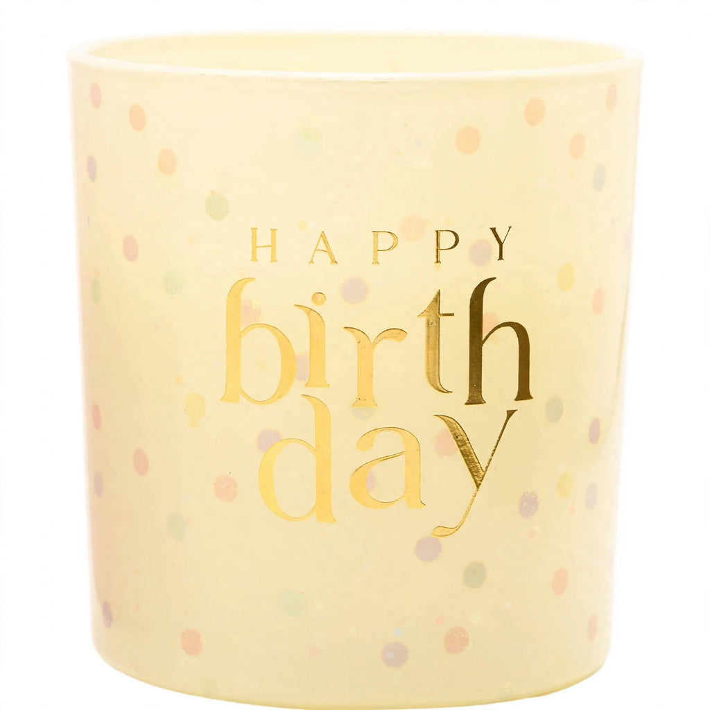 Close-up view of the Happy Birthday Confetti Candle highlighting the confetti design