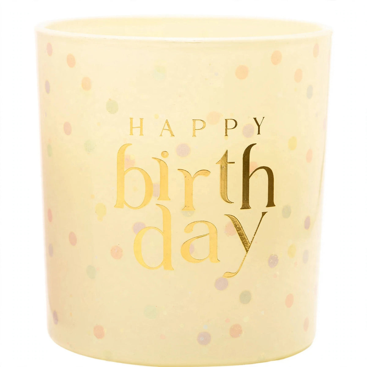 Close-up view of the Happy Birthday Confetti Candle highlighting the confetti design