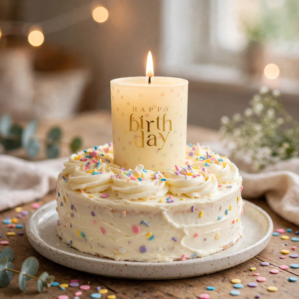 Happy Birthday Confetti Candle placed on a birthday cake as a festive decoration