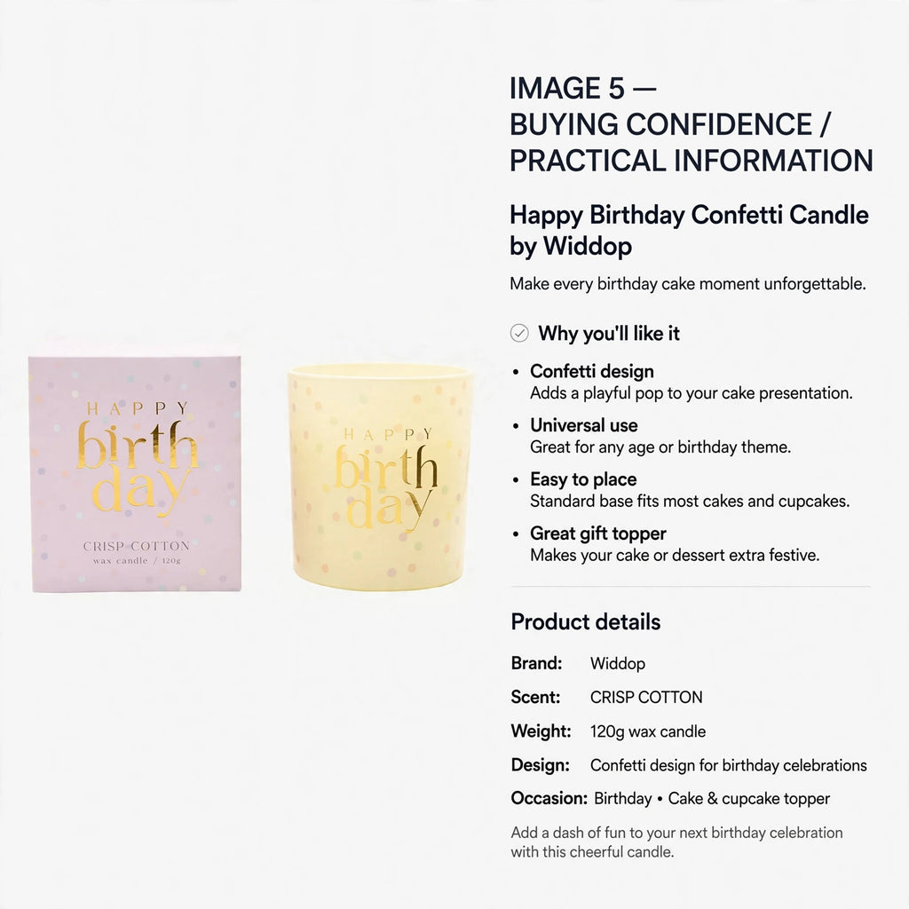 Happy Birthday Confetti Candle suitable for any age or birthday theme with easy placement on cakes