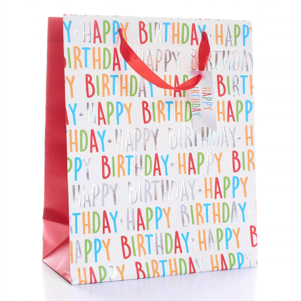 Medium multi-coloured Happy Birthday gift bag with ribbon carry handle