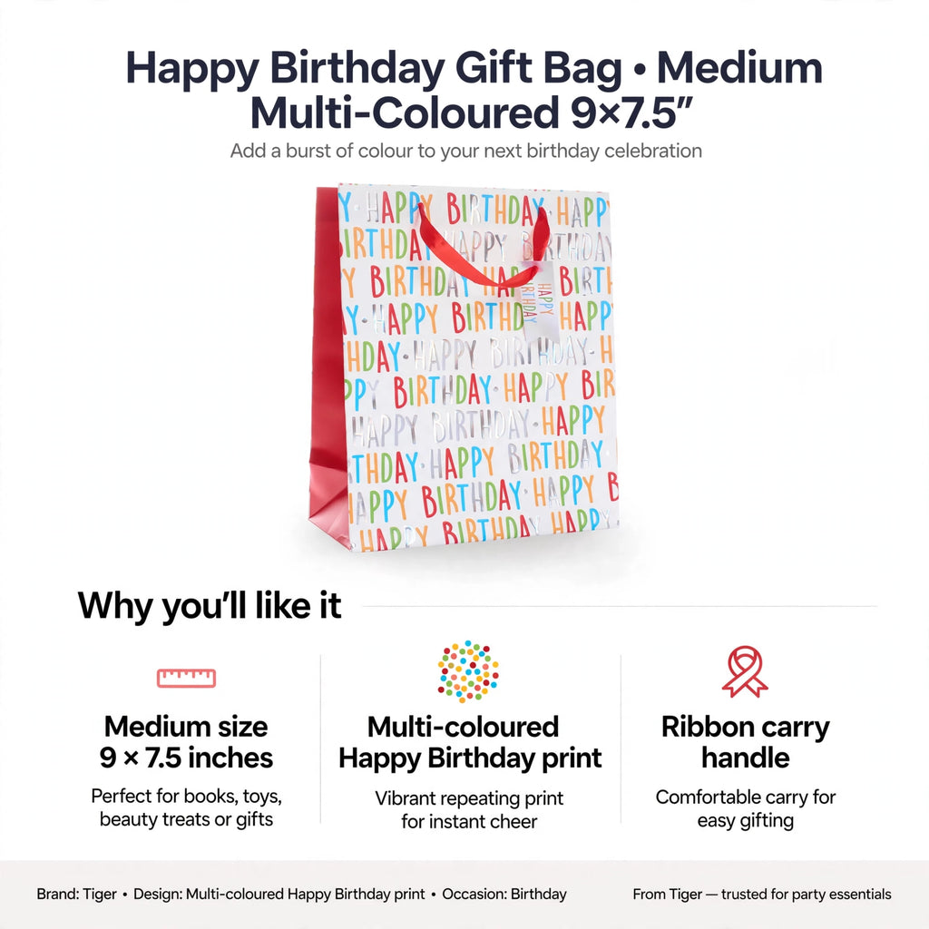 Infographic showing medium size 9 x 7.5 inches, multi-coloured Happy Birthday print, and ribbon carry handle