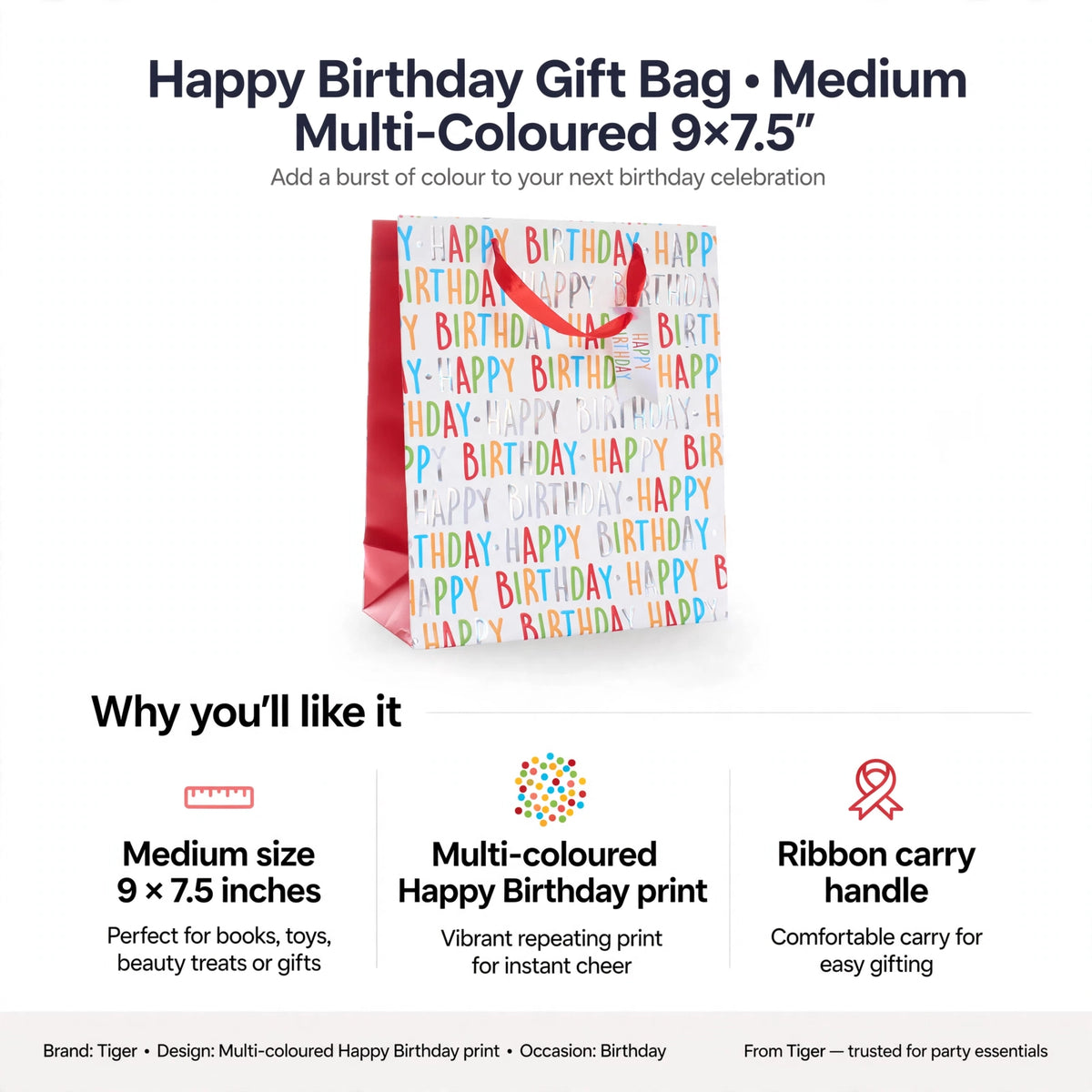 Infographic showing medium size 9 x 7.5 inches, multi-coloured Happy Birthday print, and ribbon carry handle