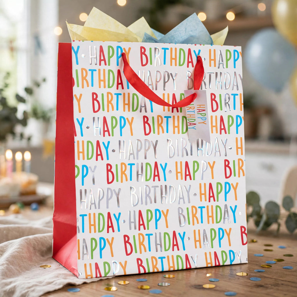 Multi-coloured Happy Birthday gift bag displayed for birthday celebration