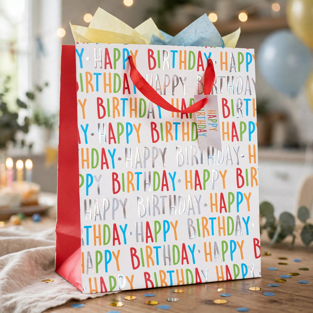 Multi-coloured Happy Birthday gift bag displayed for birthday celebration