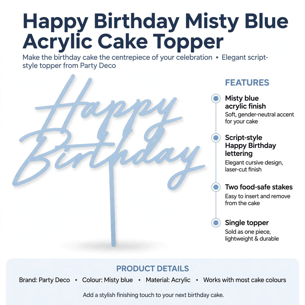 Cake topper features misty blue acrylic finish, script-style Happy Birthday lettering, and two food-safe stakes