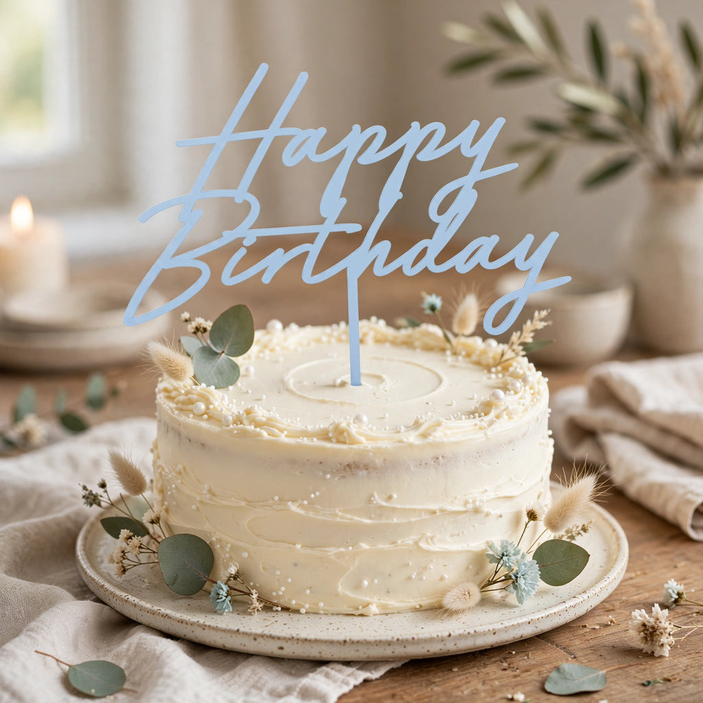 Misty blue acrylic Happy Birthday cake topper displayed on a birthday cake