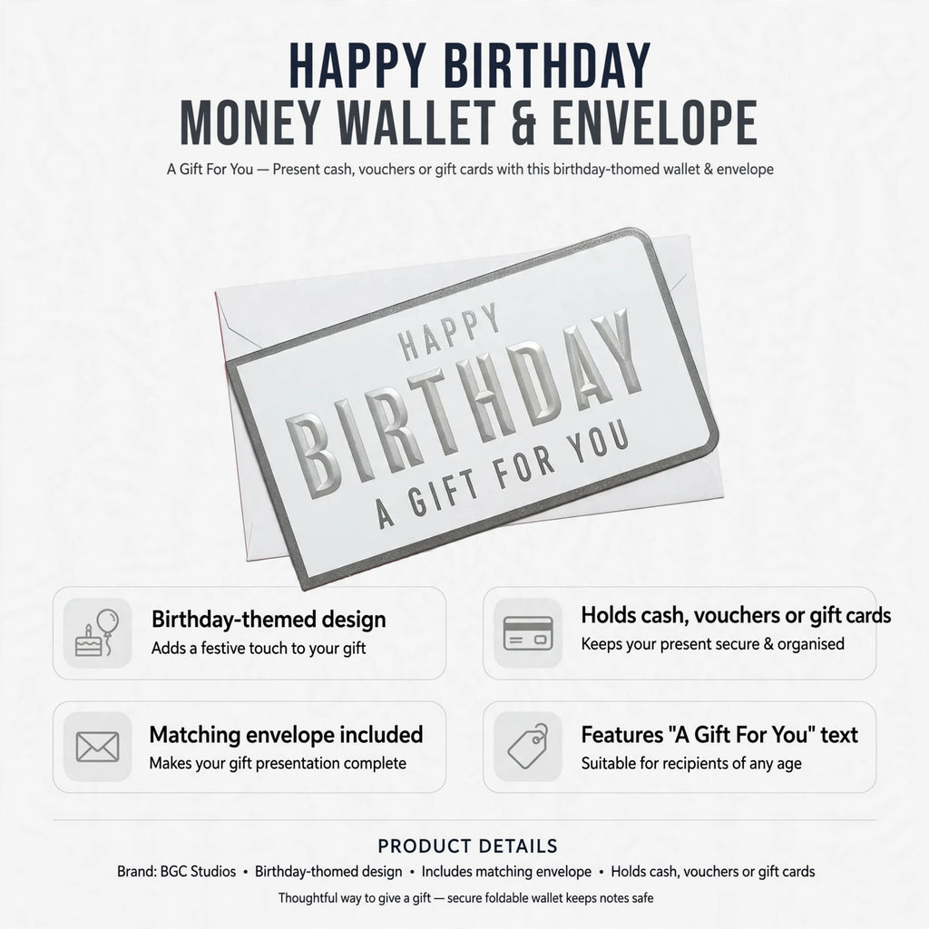 Infographic showing birthday-themed design, cash voucher and gift card holding, matching envelope included, and A Gift For You text