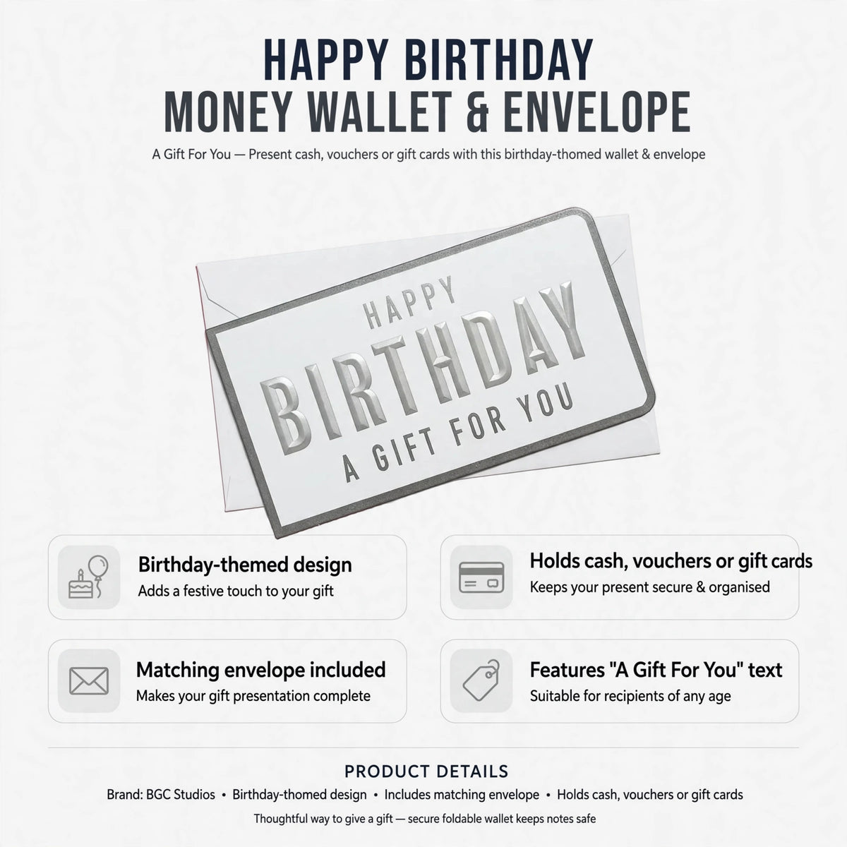 Infographic showing birthday-themed design, cash voucher and gift card holding, matching envelope included, and A Gift For You text