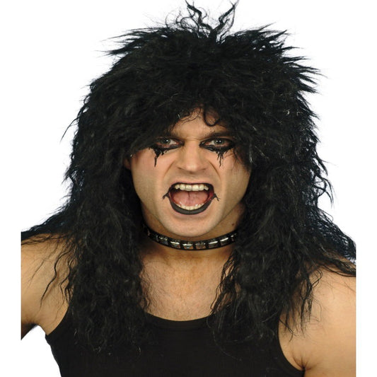 Mens 1980s Long Black Tousled Hard Rocker Fancy Dress Wig