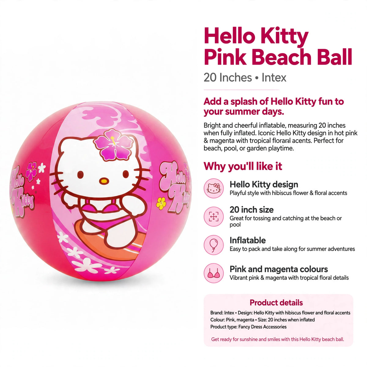 Features Hello Kitty design, inflatable, 20 inch size, pink and magenta colours