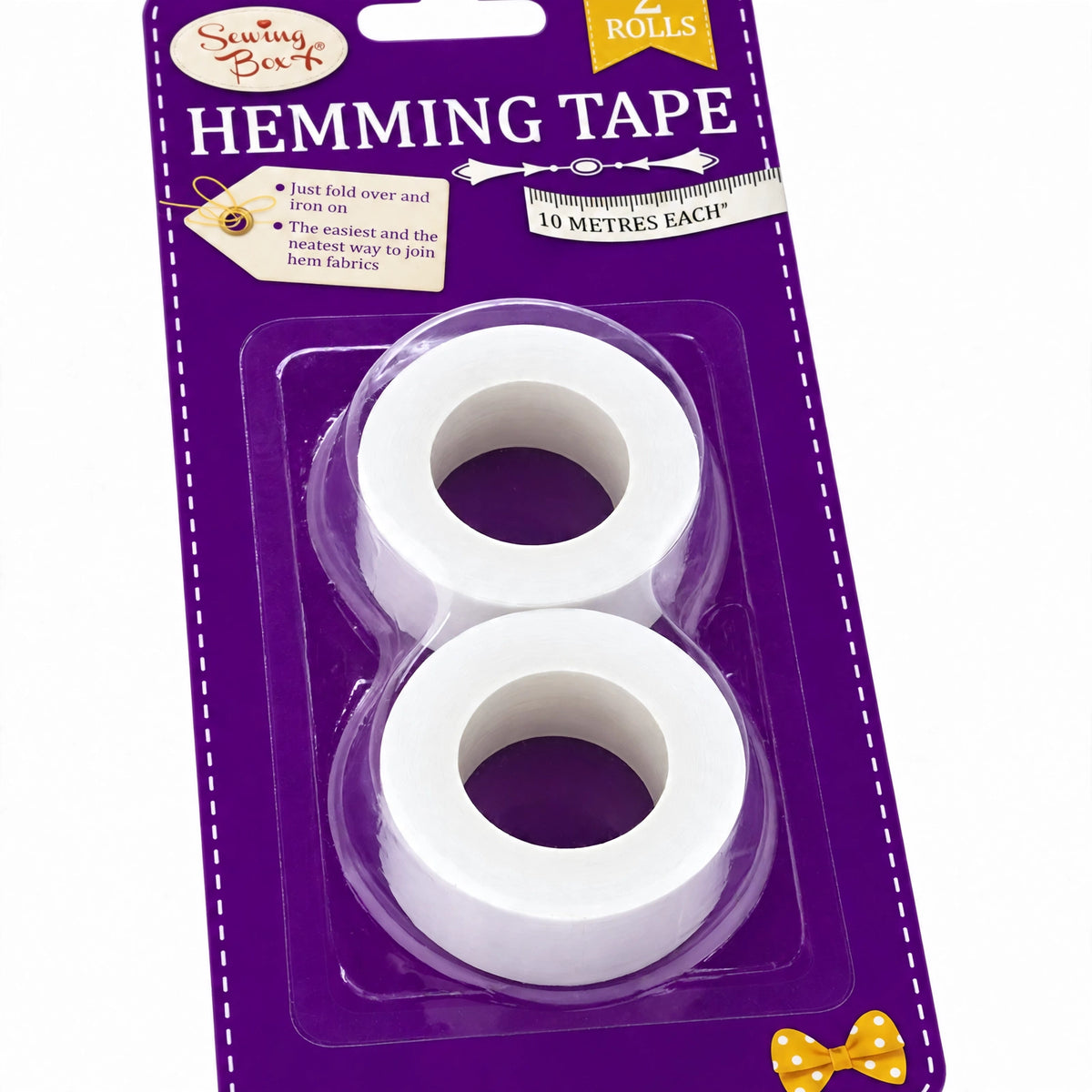 Close-up view of white iron-on fusible hemming web tape roll