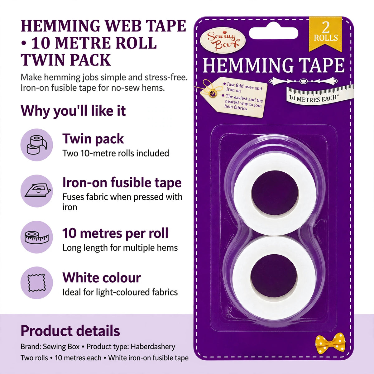Infographic showing twin pack, 10 metres per roll, iron-on fusible tape, and white colour features