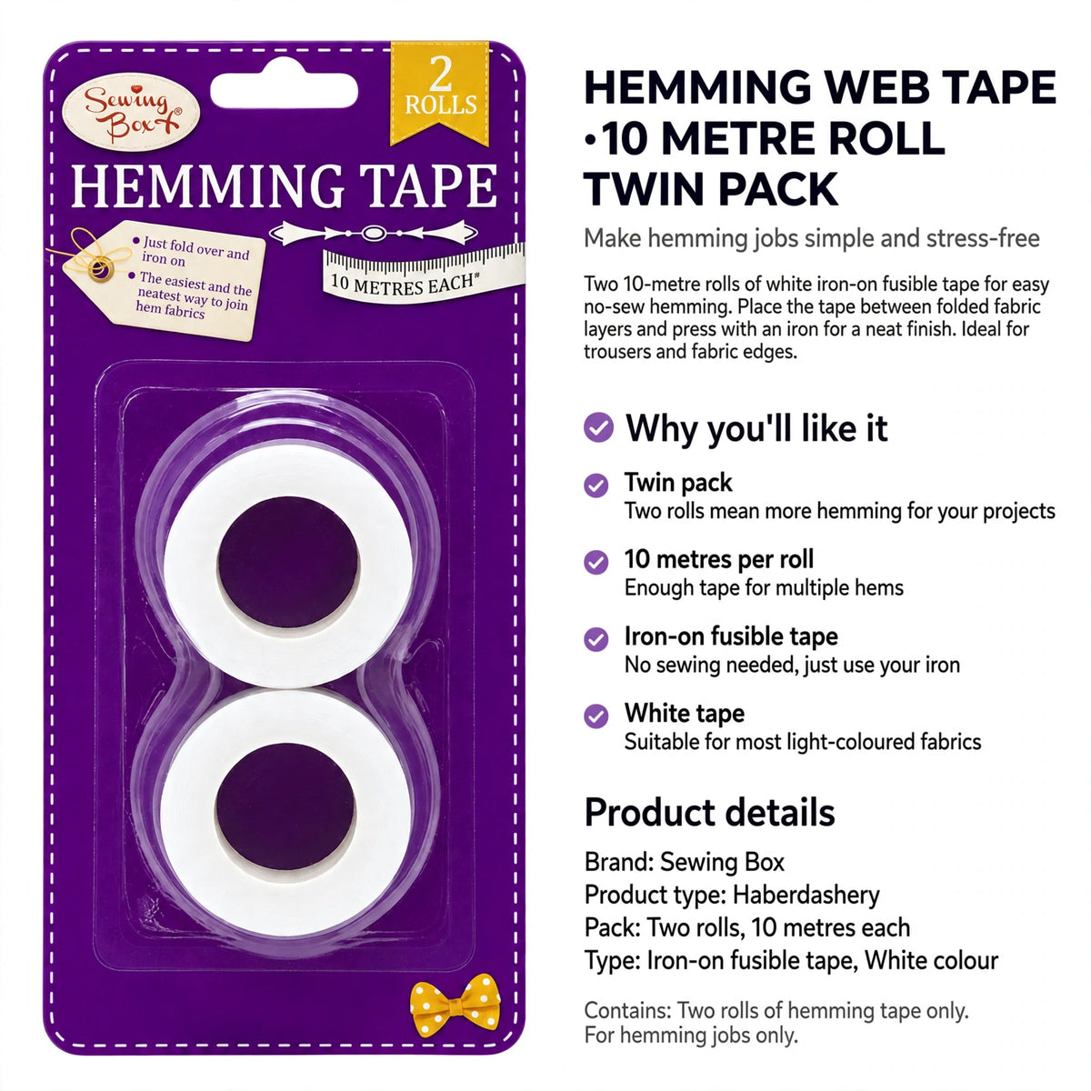 Hemming Web Tape twin pack with iron-on fusible tape for fabric hems without sewing