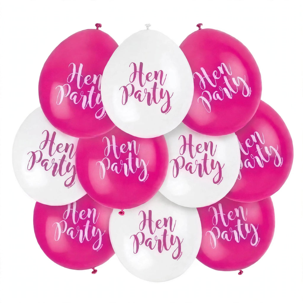 Pack of 10 pink and white latex balloons inflated to 9 inches for hen party decorations