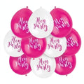 Pack of 10 pink and white latex balloons inflated to 9 inches for hen party decorations