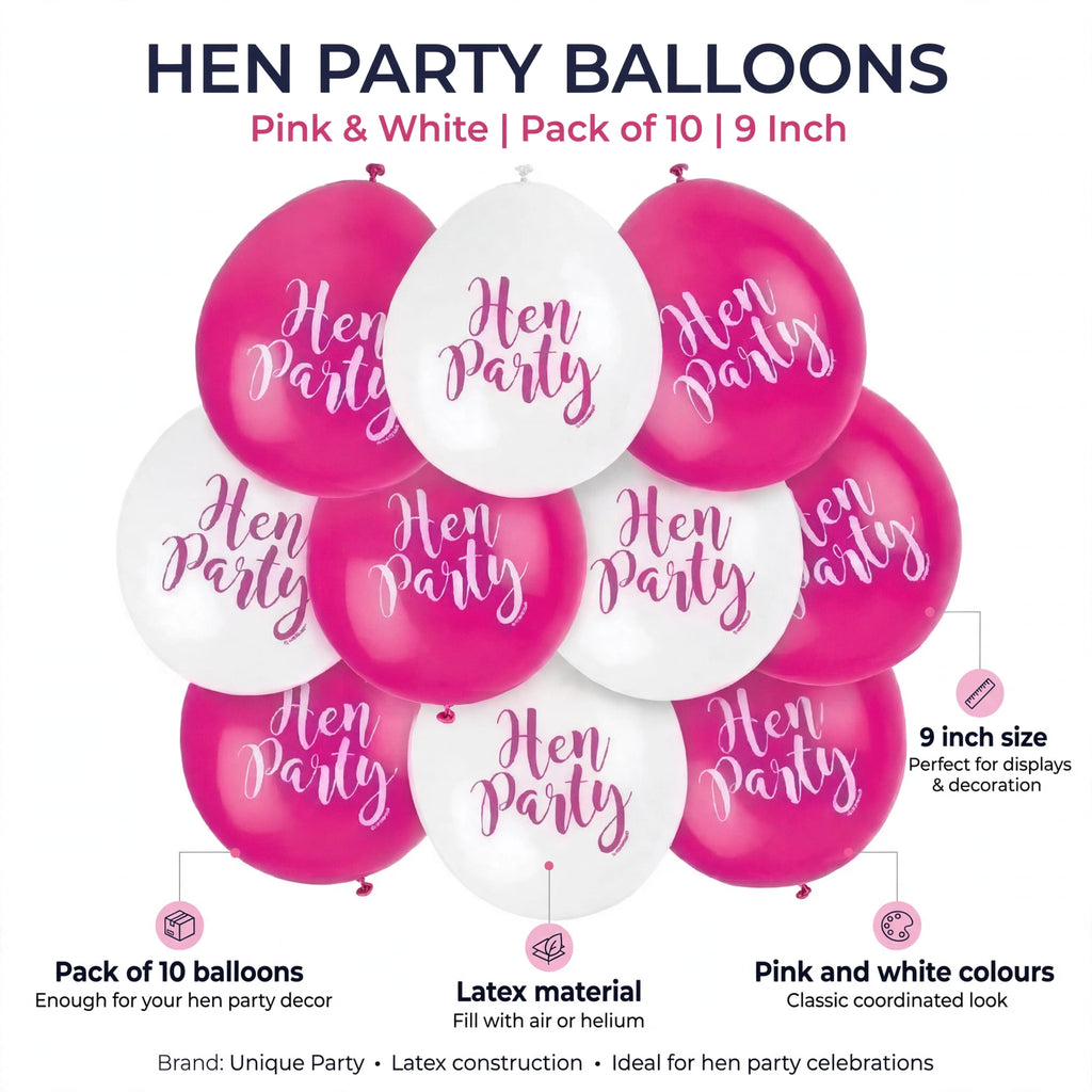 Infographic showing pack of 10 balloons, pink and white colours, 9 inch size, latex material