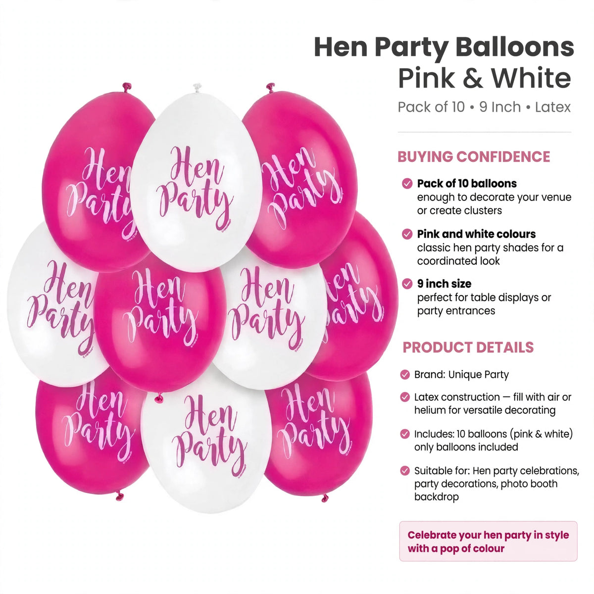 Latex balloons suitable for air or helium filling, pack of 10 for hen party decoration