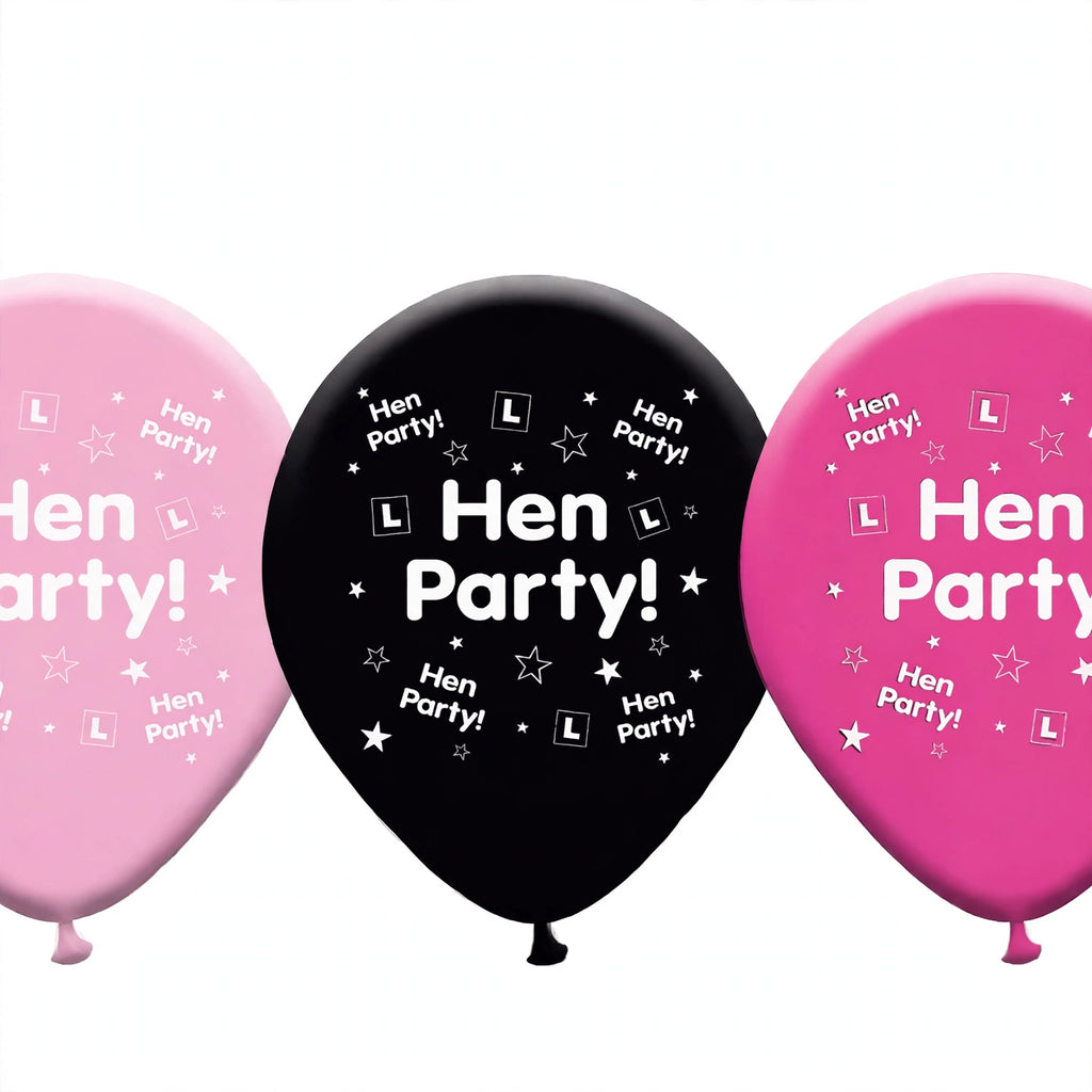 Close-up view of pink and black latex balloons from the hen party pack