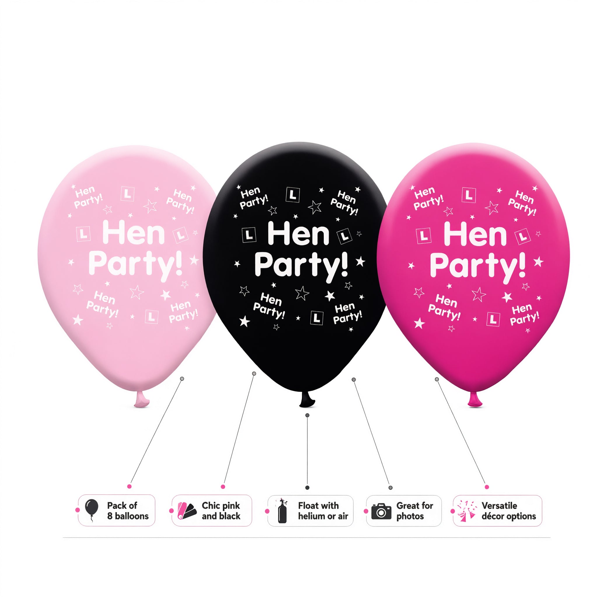 Hen Party Latex Balloons Pack of 8 Pink & Black