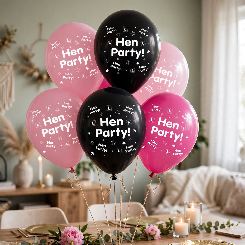 Hen party balloons in pink and black decorating a celebration venue