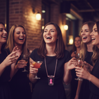 Hen party lifestyle — woman wearing willy shot glass necklace laughing with friends