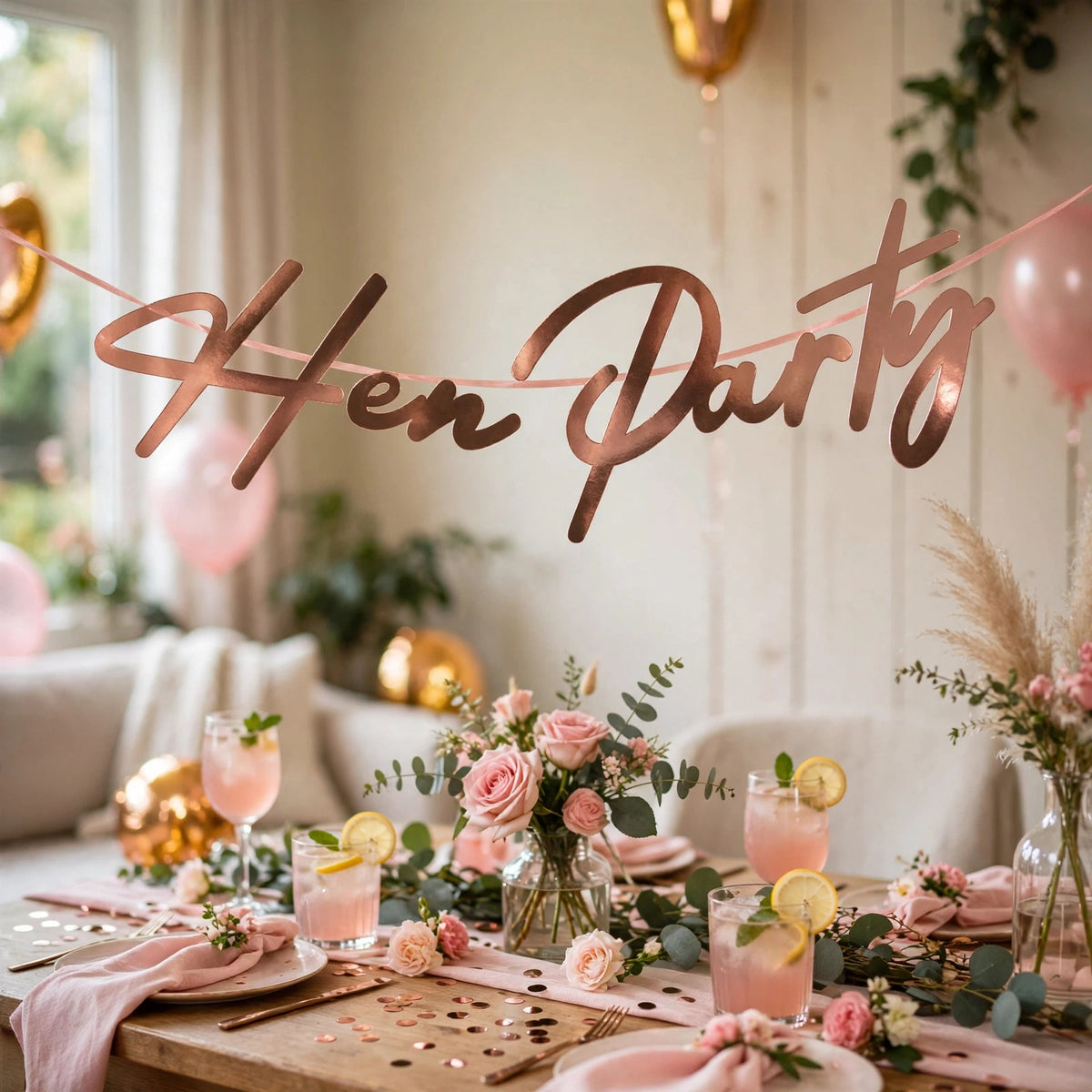Rose gold metallic foil Bride Squad banner displayed as hen party decoration