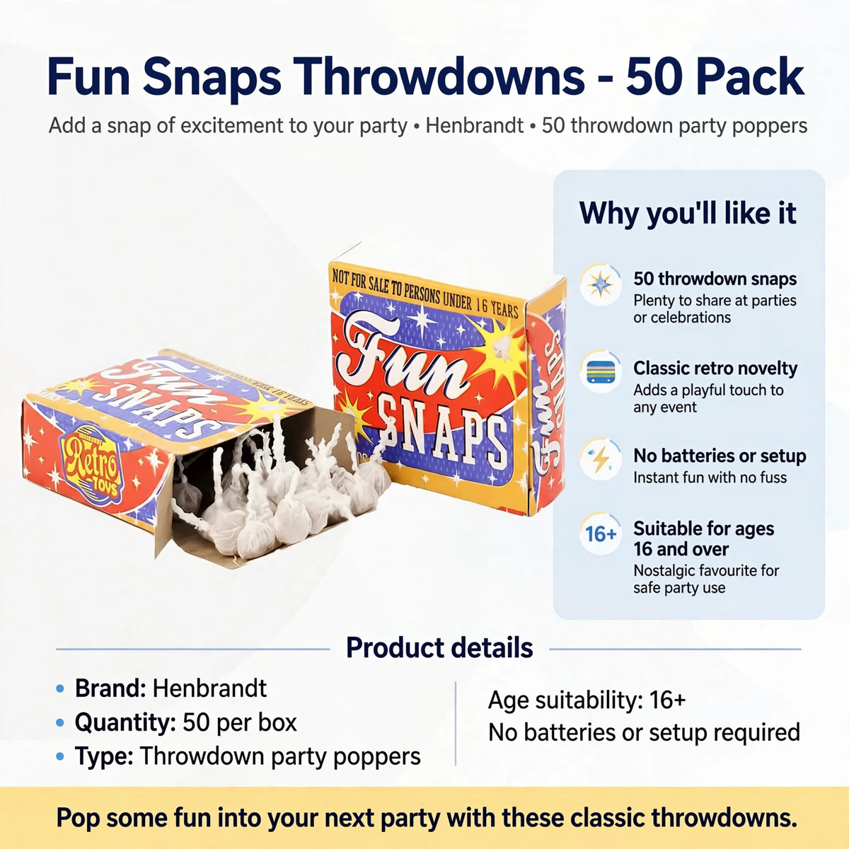 Infographic showing 50 throwdown snaps, classic retro novelty, no batteries or setup, suitable for ages 16 and over