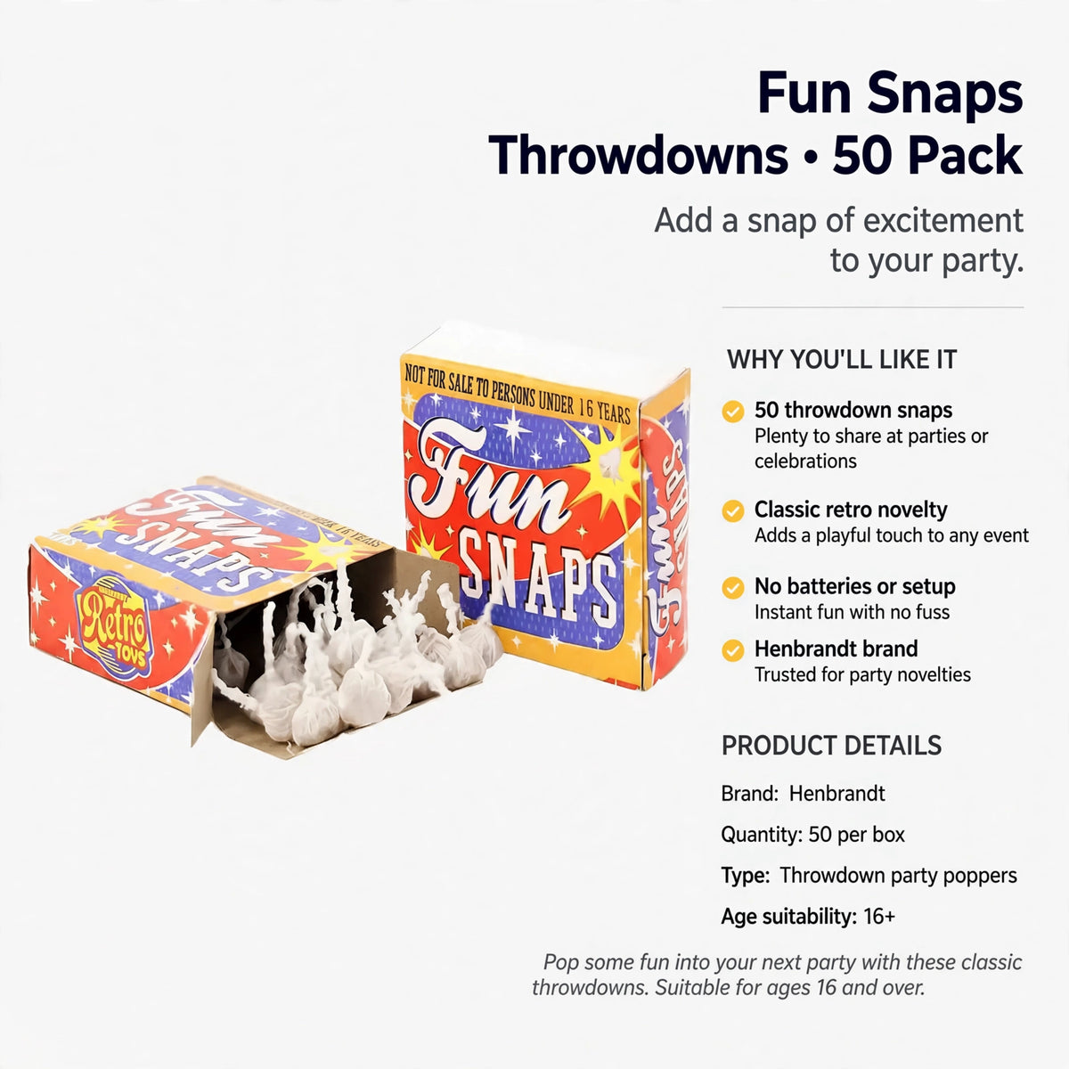 Henbrandt brand throwdown party poppers with no setup needed and suitable for ages 16 and over