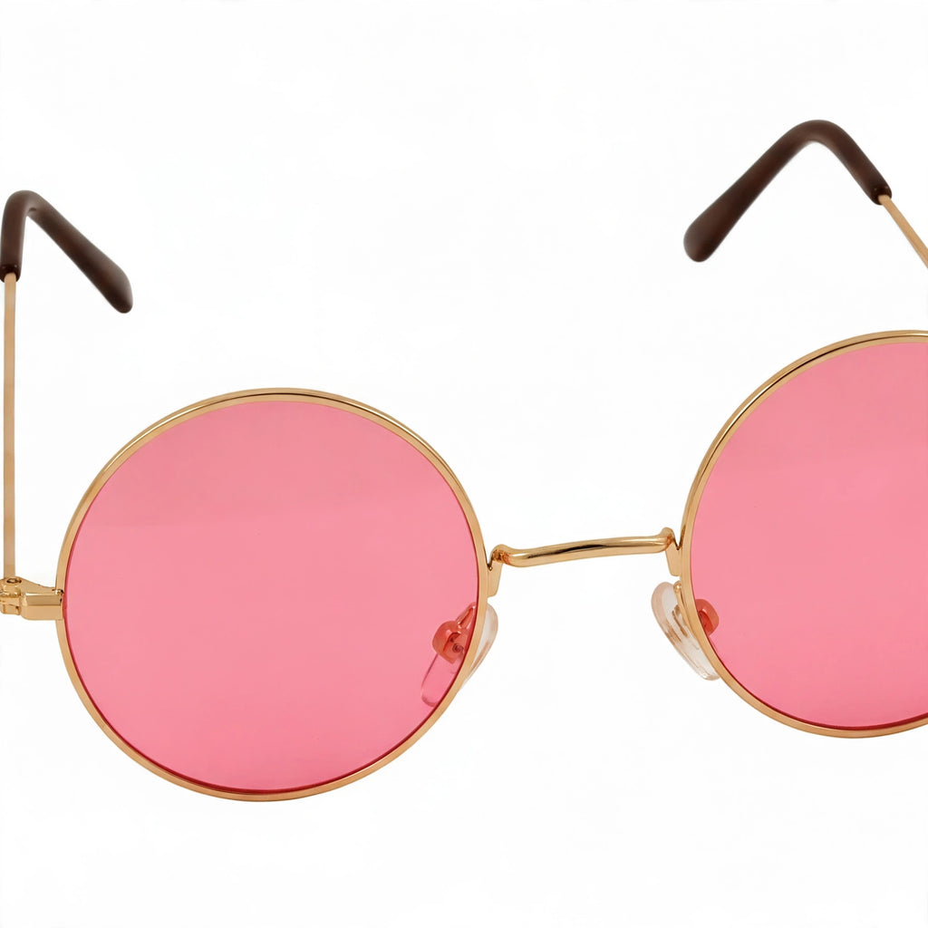 Close-up view of Hippy Glasses With Pink Lenses highlighting round gold-tone frame and pink lenses