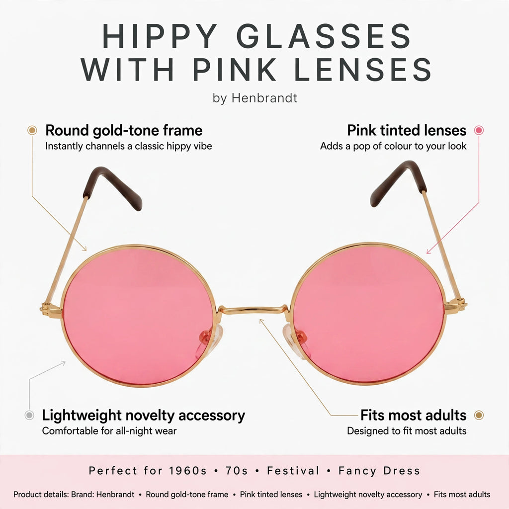 Infographic showing round gold-tone frame, pink tinted lenses, lightweight novelty accessory, fits most adults