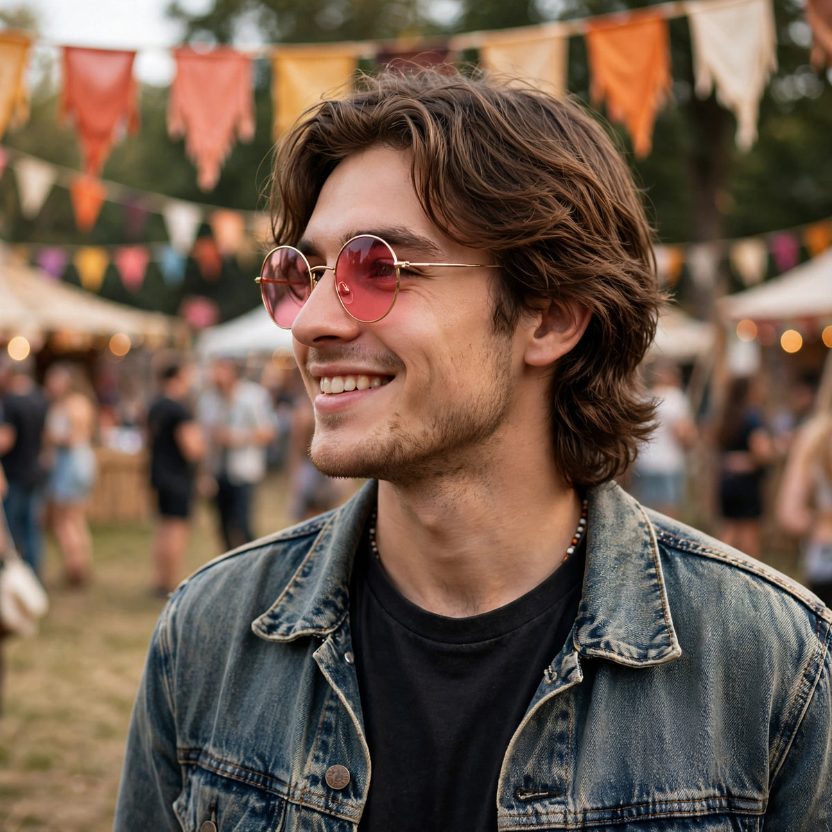 Hippy Glasses With Pink Lenses worn as part of a 1960s or 70s themed outfit at a party