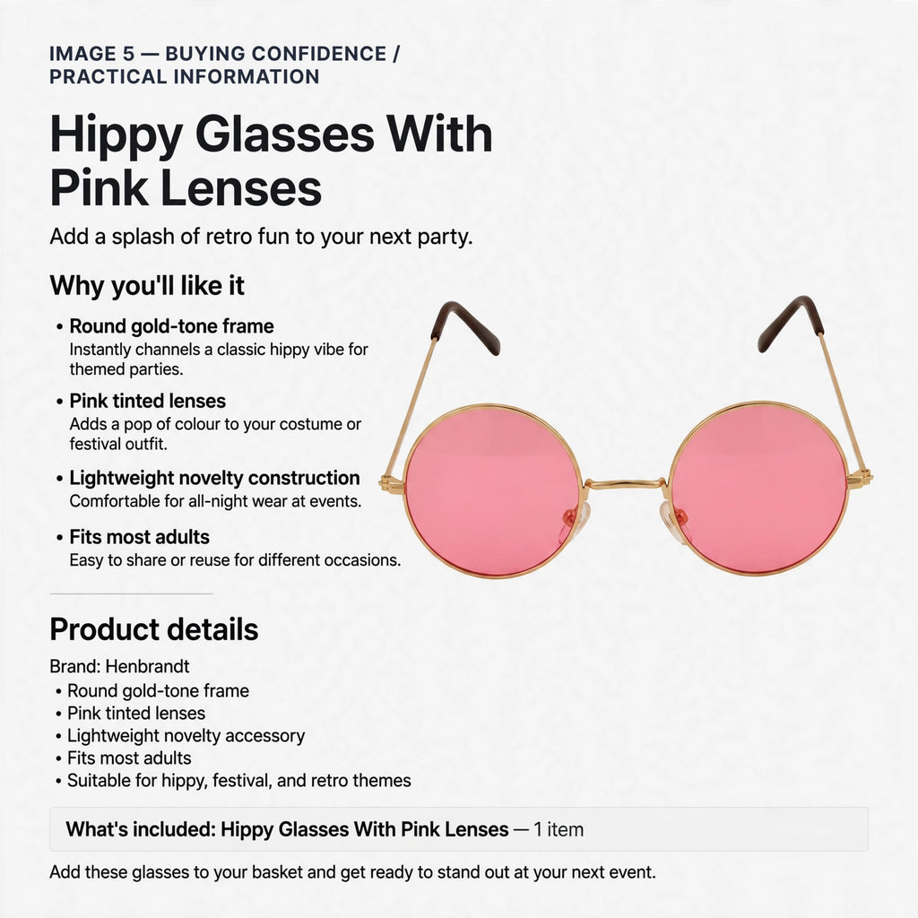 Details of Hippy Glasses With Pink Lenses suitable for hippy, festival, and retro themes