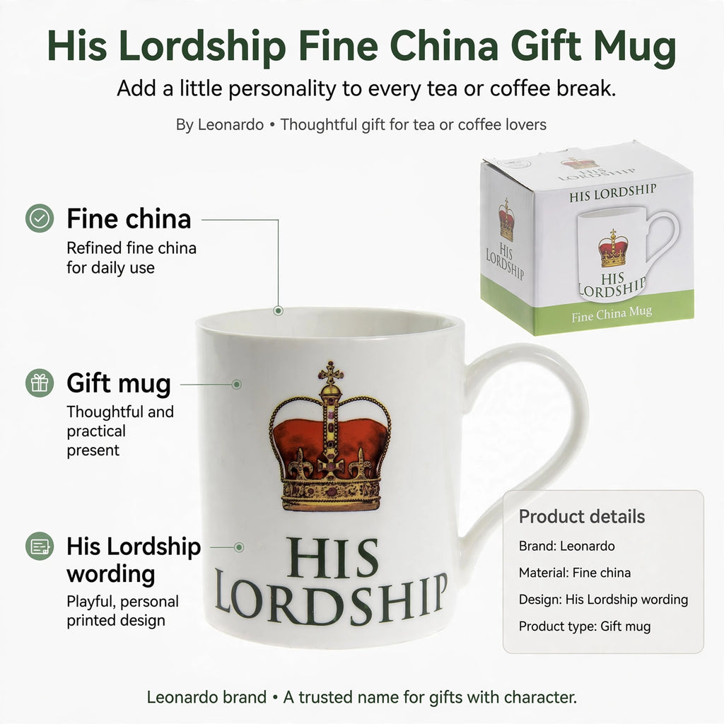 Features fine china material, His Lordship wording, and Leonardo brand gift mug