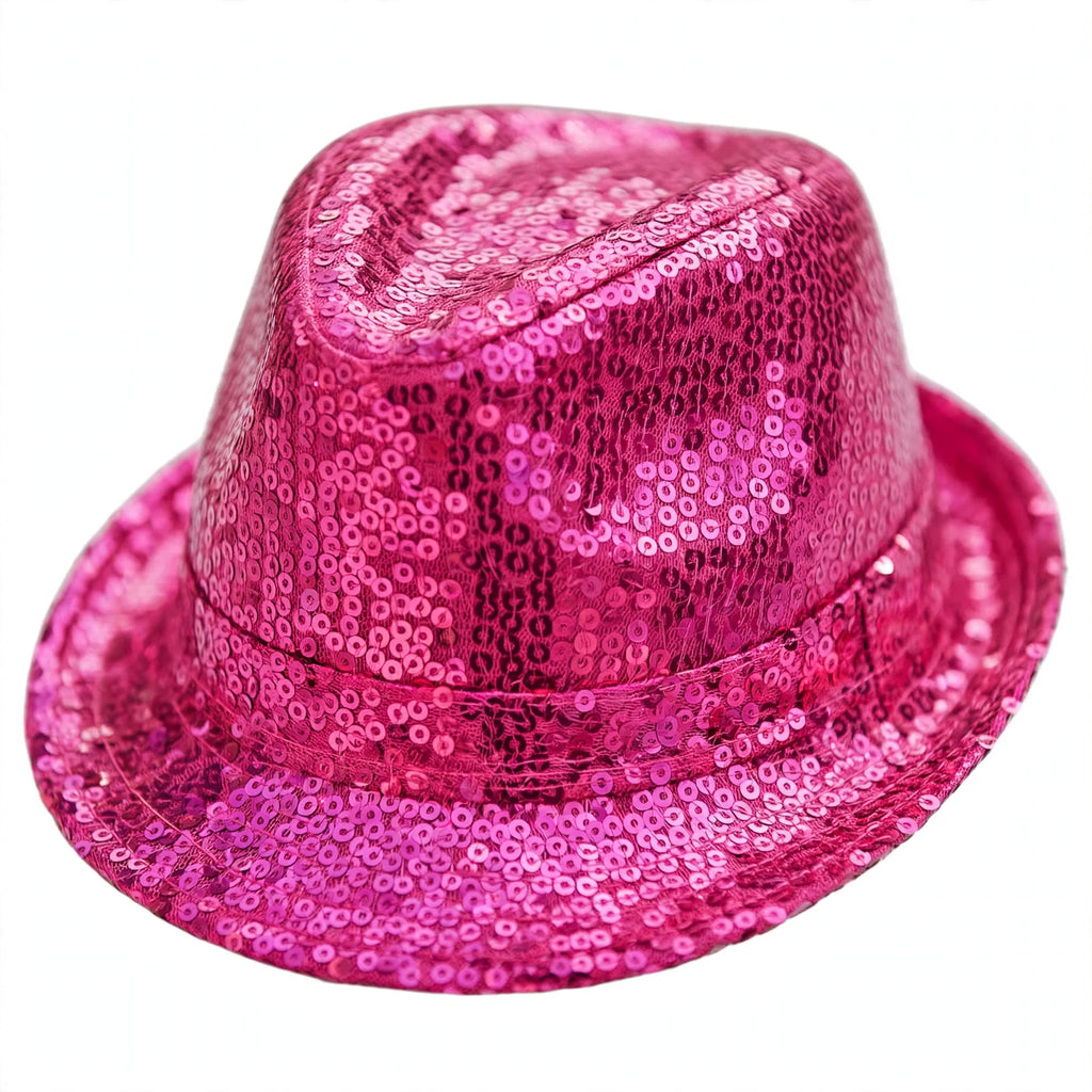 Close-up view of hot pink sequin trilby hat showing sequin finish