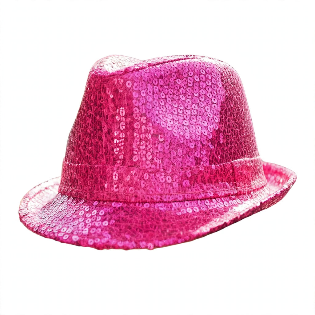 Hot pink sequin trilby hat with shaped crown and turned-down brim