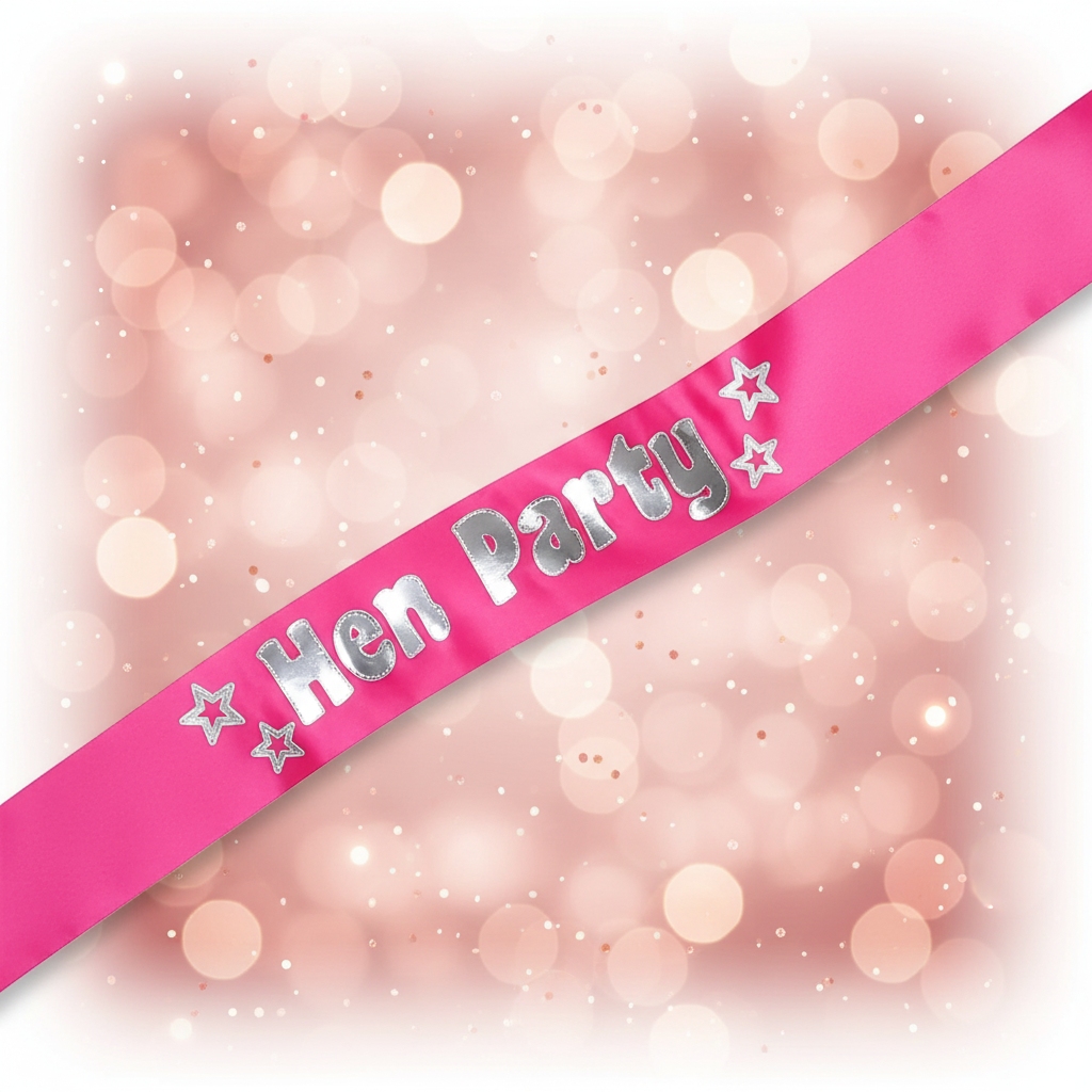 Hot Pink and Silver Foil Hen Party Sash displayed against a blush pink and rose gold bokeh background – premium product shot