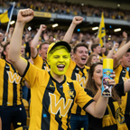 Sports fan with bright yellow temporary hair colour spray cheering at stadium event