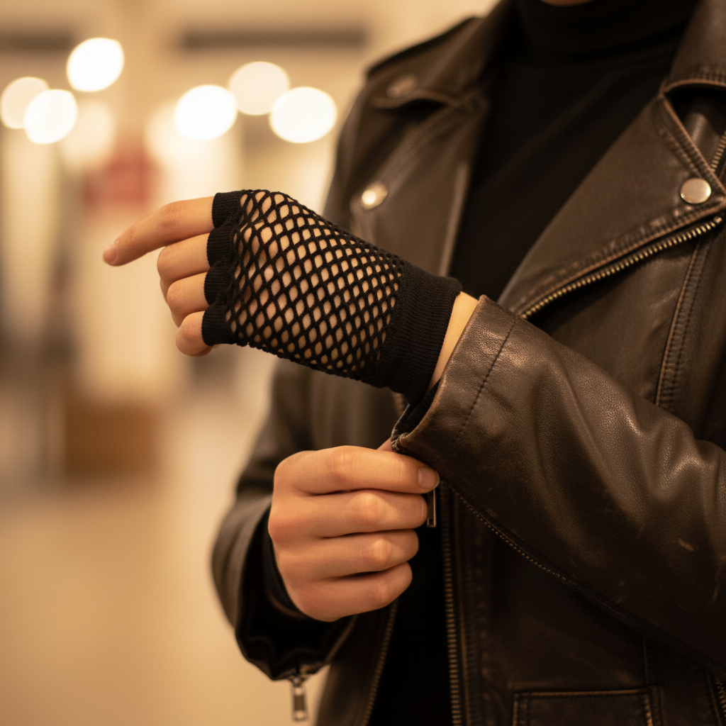 Close up of woman's hands wearing short black fingerless fishnet gloves adjusting a leather jacket cuff with bokeh background