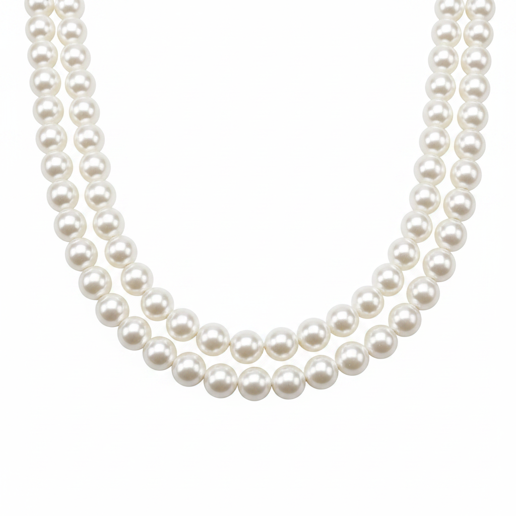 Pair of white pearl necklaces displayed on white background studio product shot