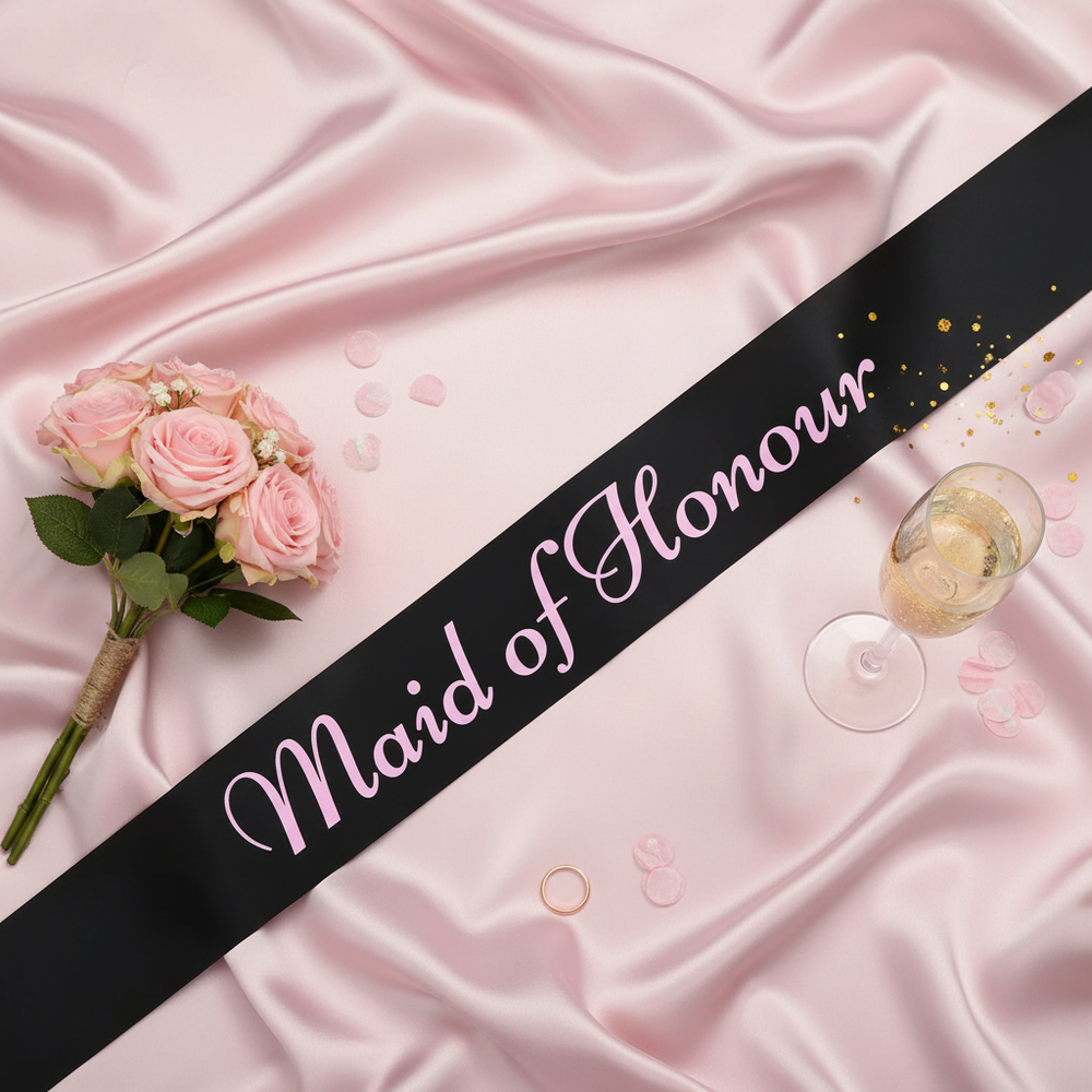 Black Maid of Honour hen party sash flat lay with roses and prosecco - Why Not Shop