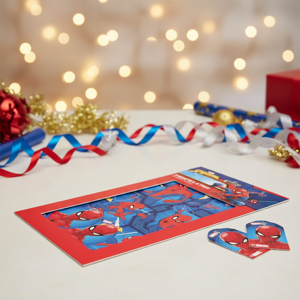 Spiderman wrapping paper 2 sheets with matching gift tags on festive background