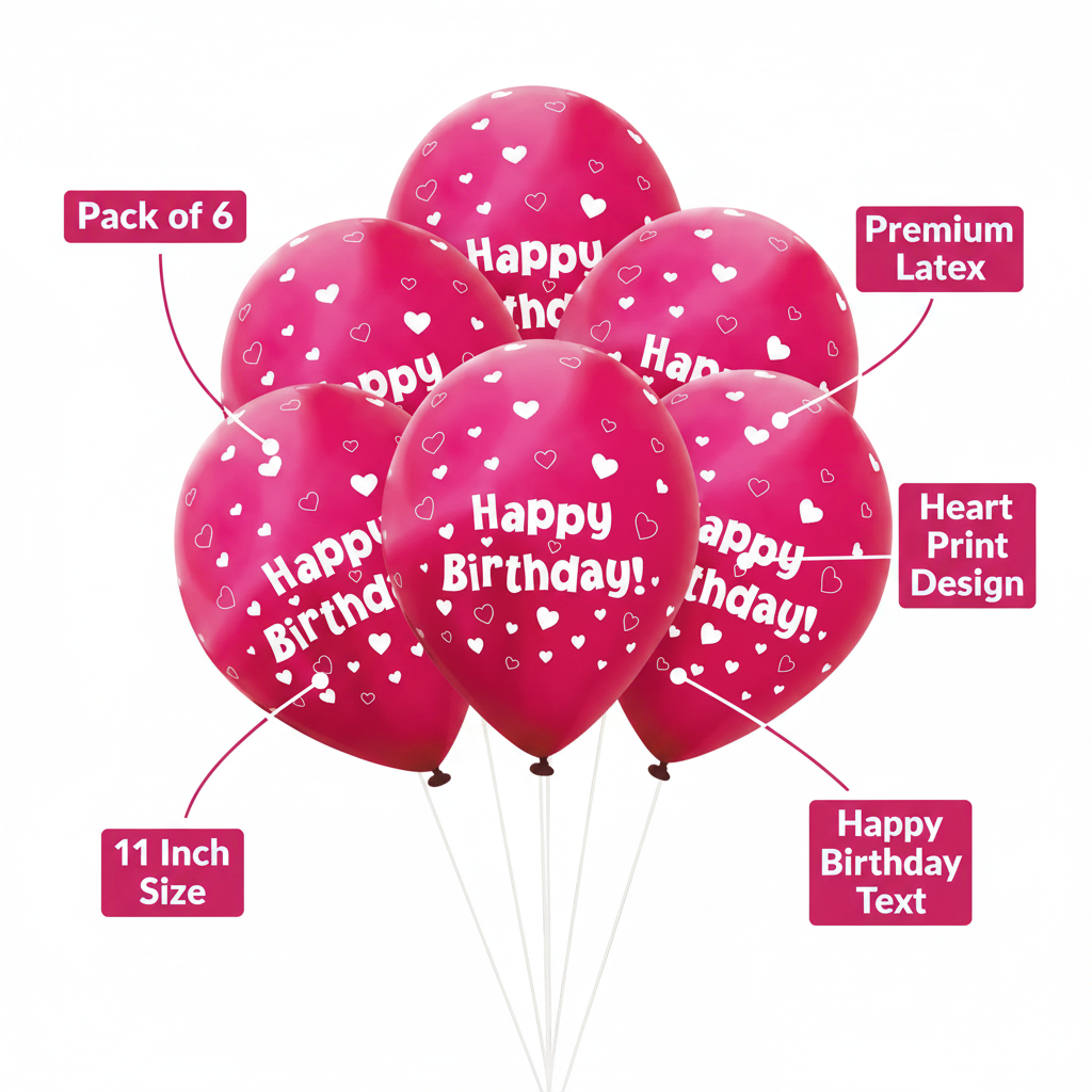 Fuchsia pink Happy Birthday heart balloons infographic showing pack of 6, 11 inch size, premium latex, heart print design and Happy Birthday text features
