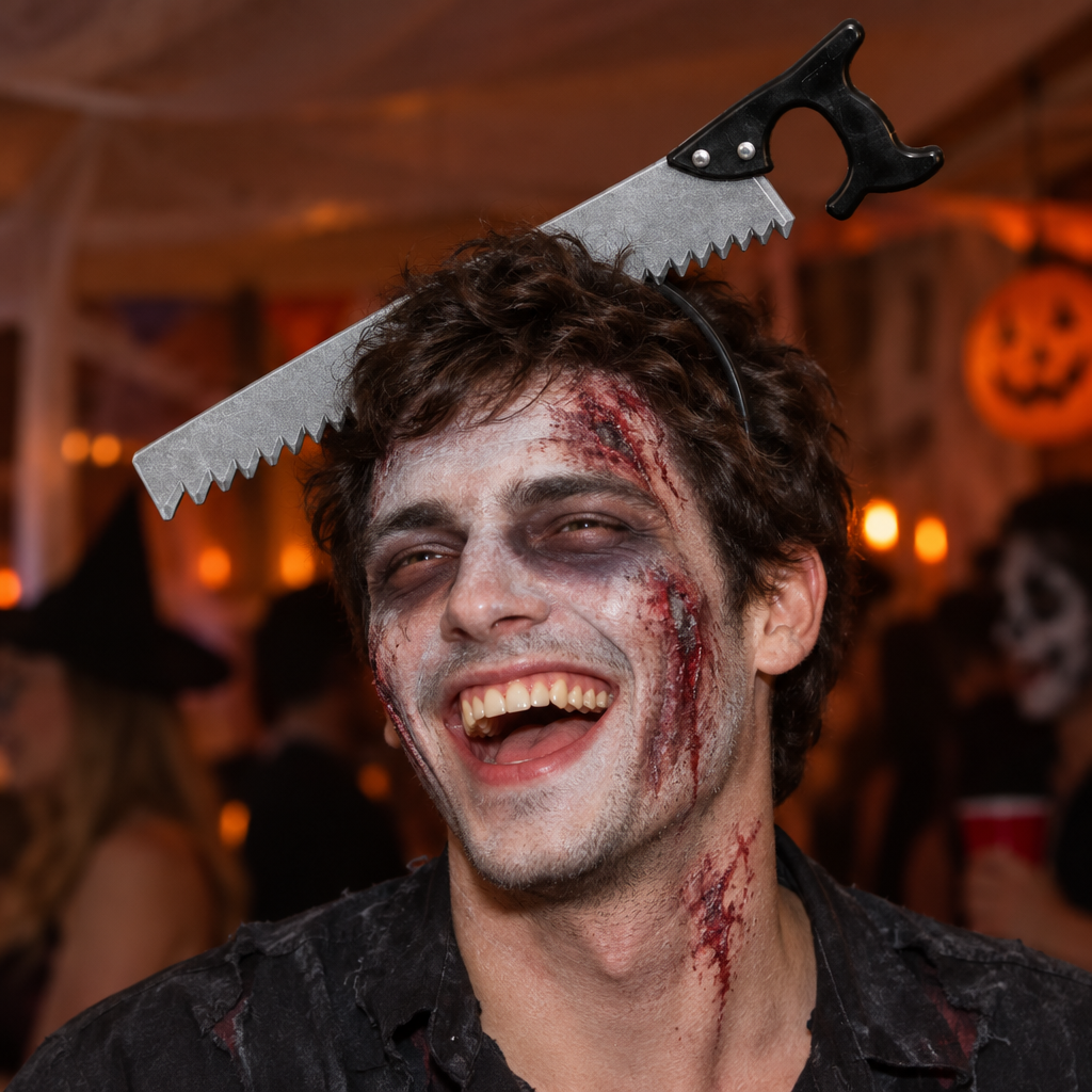 Laughing man in zombie make-up wearing the saw in head headband at a Halloween party