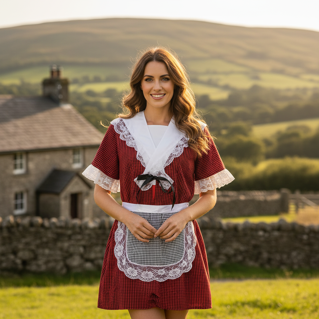 Woman wearing Traditional Welsh Costume without hat in authentic Welsh countryside setting